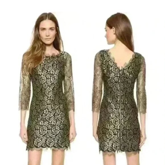 Diane Von Furstenberg Gold Zarita Stretch Lace Shift Dress Size 6 - Picture 9 of 10